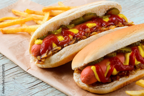 Yummy hot dogs with ketchup