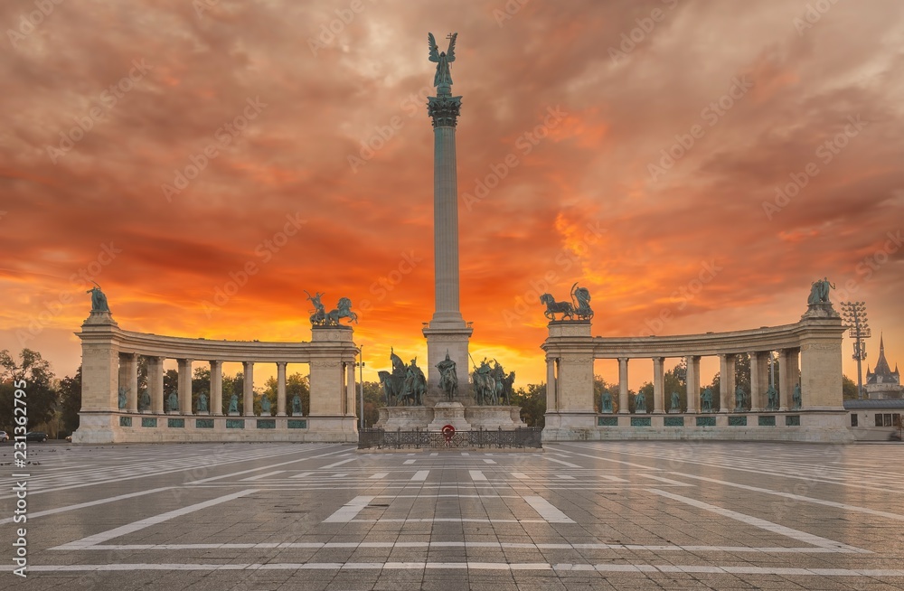 Heroes Square Hosok Tere in Budapest city, Hungary. Spectacular sunset colors.