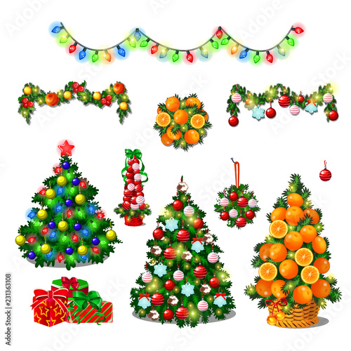Set Of Cute Christmas Tree, Colorful Garlands. New Year Gift Boxes With Ribbon Bow, Classic Christmas Decorations, Wreath, Baubles. Sketch For Greeting Card, Festive Poster, Party Invitation. Vector.