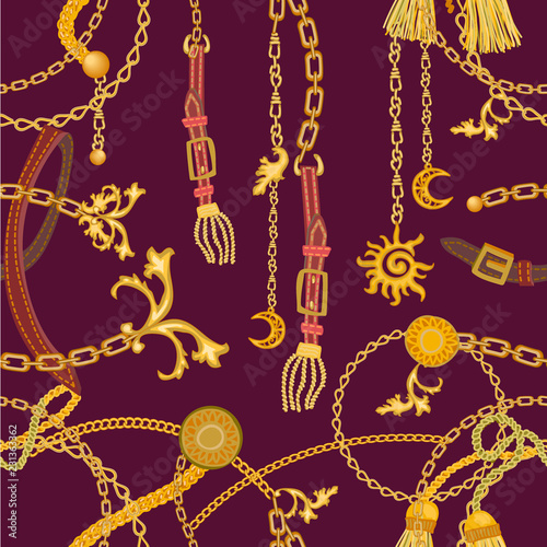 Luxurious print with chains, straps and pendants.