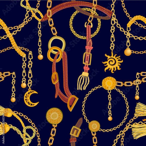 Luxurious print with chains, straps and pendants.
