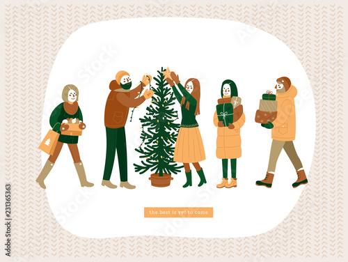 Happy friends decorating christmas tree. Winter holidays. People celebrating holiday. Greeting card. Vector illustration