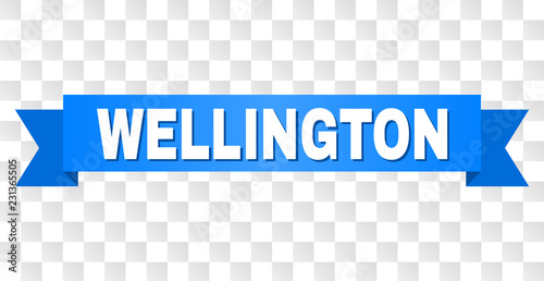 WELLINGTON text on a ribbon. Designed with white caption and blue stripe. Vector banner with WELLINGTON tag on a transparent background.
