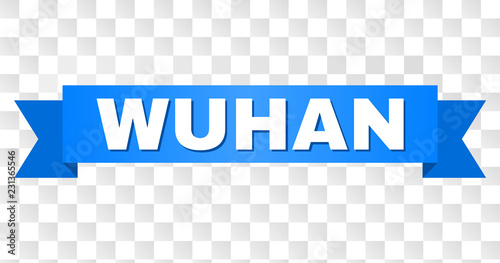 WUHAN text on a ribbon. Designed with white caption and blue stripe. Vector banner with WUHAN tag on a transparent background.