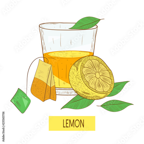 Tea with lemon. A glass with tea, lemon and a bag of tea. Sketch. On a white background.