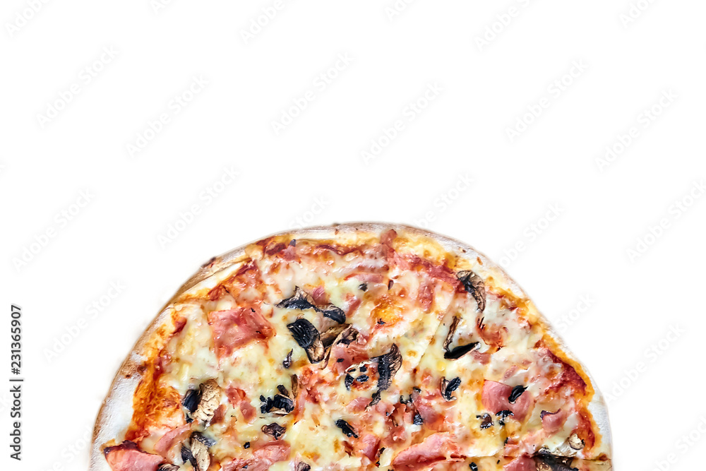 Half of Pizza with mushrooms, cheese and ham  isolated on white background with copy space. Top view