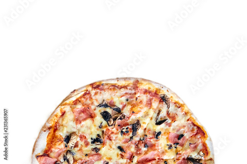 Half of Pizza with mushrooms, cheese and ham isolated on white background with copy space. Top view