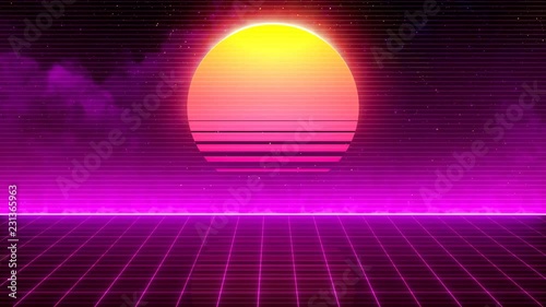 Retro-futuristic 80s synthwave sun grid background. Perfectly seamless looped opener animation. photo