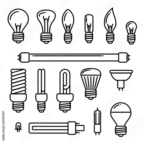  Vector light bulbs icons on white background. Set of different kind of light bulbs.