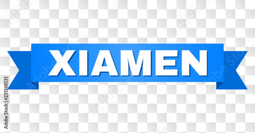 XIAMEN text on a ribbon. Designed with white caption and blue stripe. Vector banner with XIAMEN tag on a transparent background.