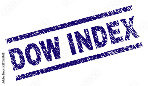 DOW INDEX seal print with distress style. Blue vector rubber print of DOW INDEX tag with corroded texture. Text tag is placed between parallel lines.