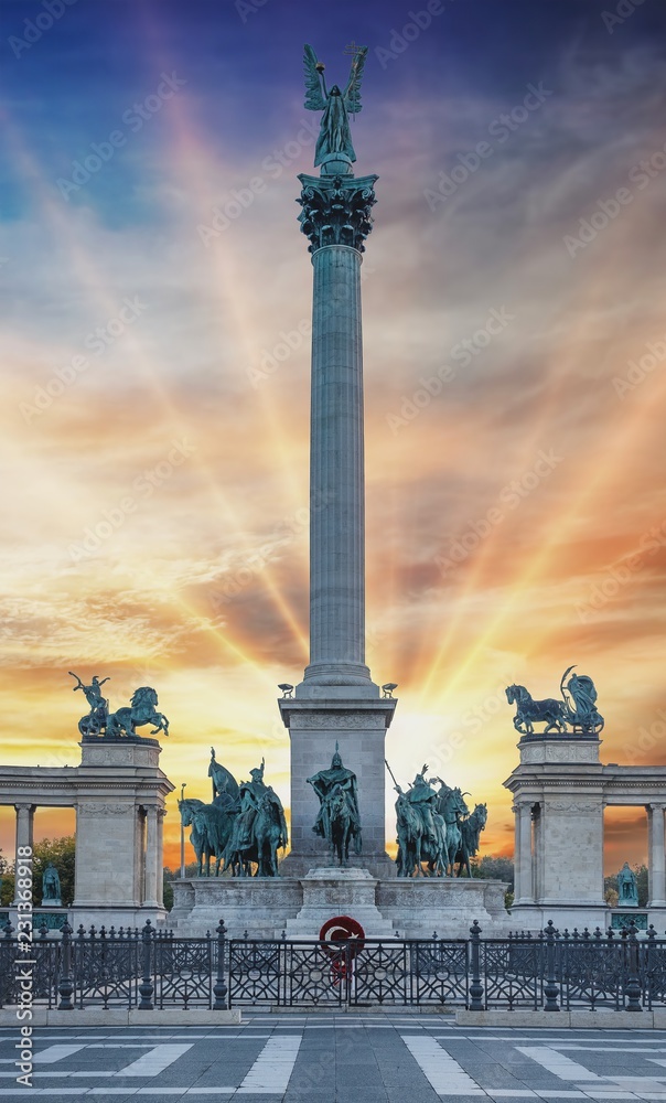 Heroes Square Hosok Tere in Budapest city, Hungary. Spectacular sunset colors.