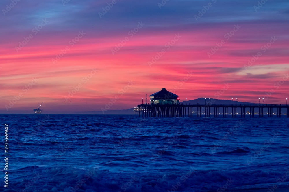 Pink sunset behind the Huntington Beach Pier