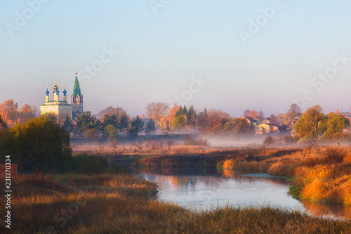 Old church in sunrise.Shuysky district, Dunilovo village. Ivanovo region, Russia