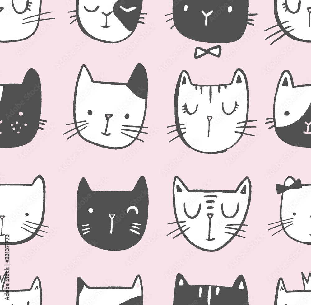 Cat vector doodle pattern with hand drawn cat faces. Seamless print illustration for children. Cat vector doodle pattern with hand drawn cat faces. Seamless print illustration for children.