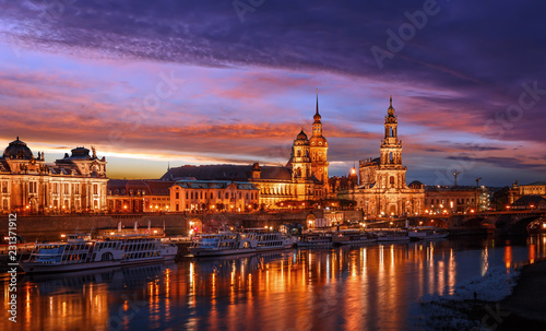 Fantastic Evening panorama. Famouse skyline of Old Town in Dresden With colorful sky During sunset. Wonderful Autumn Cityscape. Creative image. Awesome picturesque scenery in Dresden © jenyateua