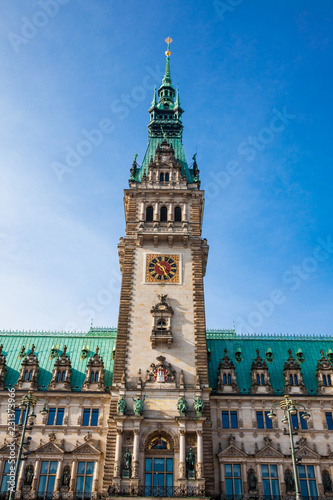 Hamburg City Hall building located in the Altstadt quarter in the city center at the Rathausmarkt square in a beautiful early spring day photo