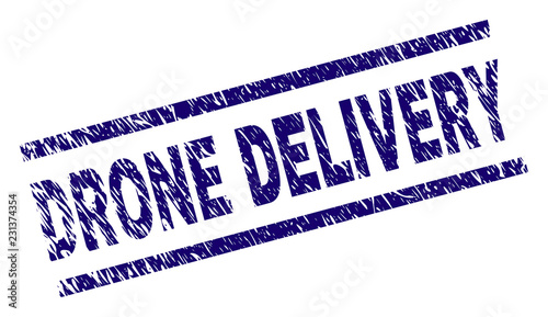 DRONE DELIVERY seal print with scratced style. Blue vector rubber print of DRONE DELIVERY tag with unclean texture. Text title is placed between parallel lines.