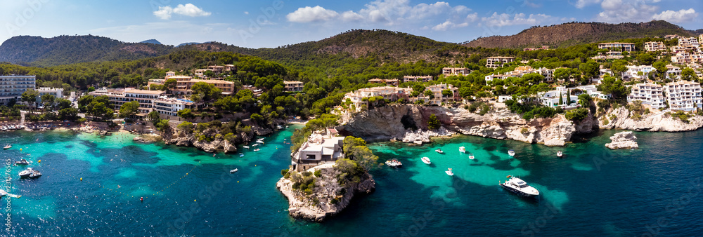 Aerial view, Spain, Balearic Islands, Mallorca, Peguera region, Cala Fornells, coast and natural harbor