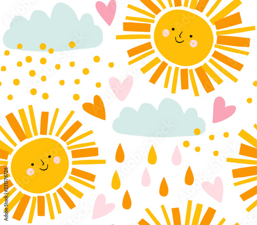 Cute smiling sun, clouds and raindrops vector pattern. Summer background. Funny design for kids and baby clothing.