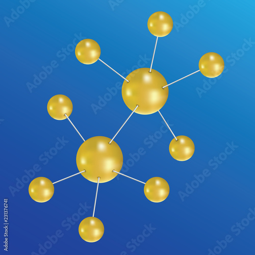 Abstract gold molecules. Molecular structure with glowing yellow spherical particles. Vector illustration.