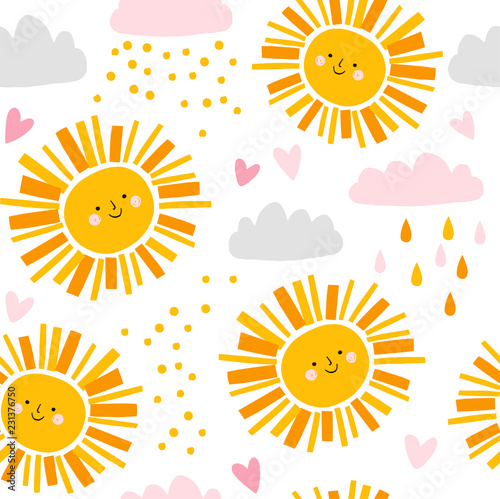 Cute sun and clouds pattern with hearts. Vector seamless girly background. Summer funny cartoon weather illustration.
