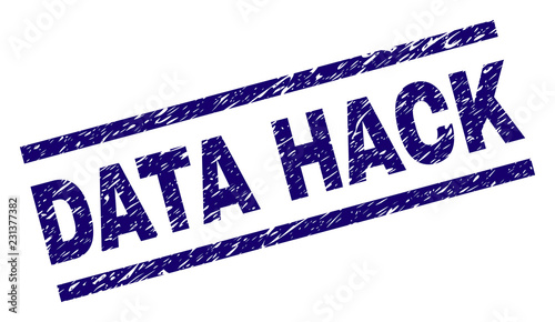 DATA HACK seal watermark with grunge style. Blue vector rubber print of DATA HACK text with grunge texture. Text tag is placed between parallel lines.