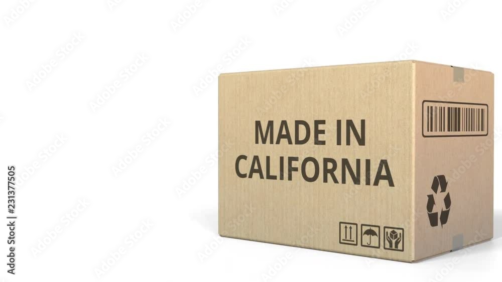 Falling carton with MADE IN CALIFORNIA text, 3D animation