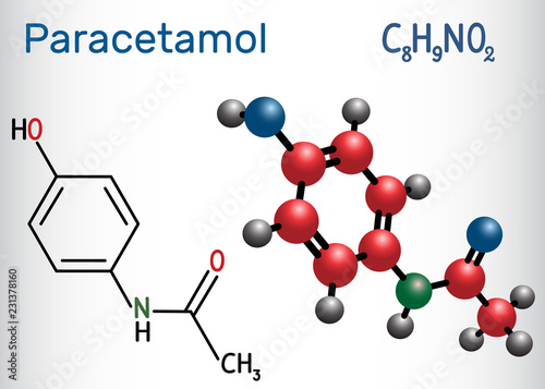 Paracetamol (acetaminophen) drug molecule. Structural chemical formula and molecule model.