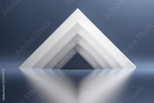 White pyramids on the background of blue shiny reflective mirroring surface. 3d illustration.