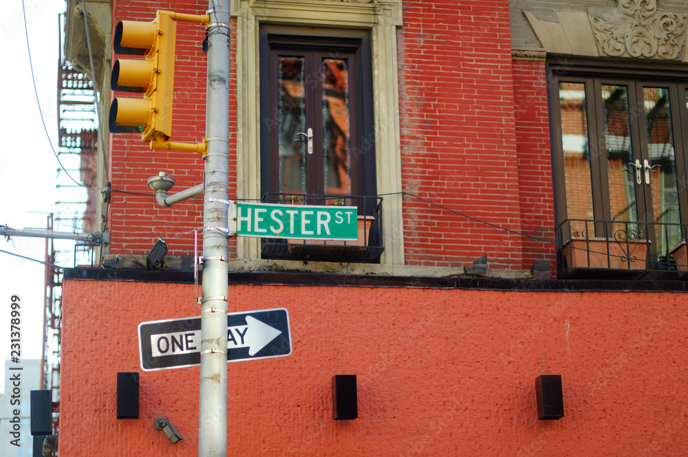 Fototapeta premium Street sign at Hester street in Chinatown neighbourhood in New York City