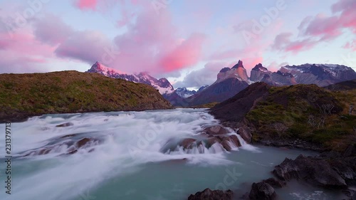 4K Video time lapse of beautiful view of Salto Grande waterfall in Torres del Paine national park
