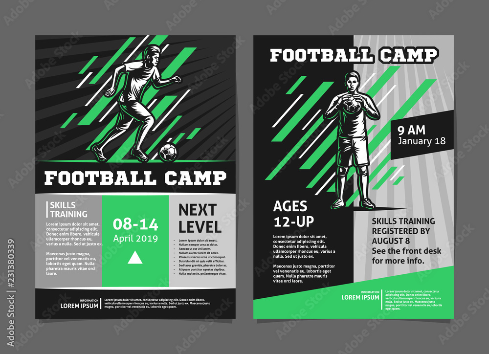 Football, soccer camp posters, flyer with football player - template vector design - obrazy, fototapety, plakaty 