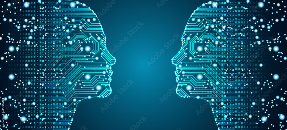 Big data, artificial intelligence, machine learning in online face-to-face marketing concept in form of two woman faces outline with circuit board and binary data flow on blue background.
