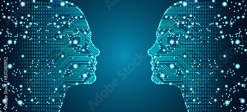 Big data, artificial intelligence, machine learning in online face-to-face marketing concept in form of two woman faces outline with circuit board and binary data flow on blue background.
