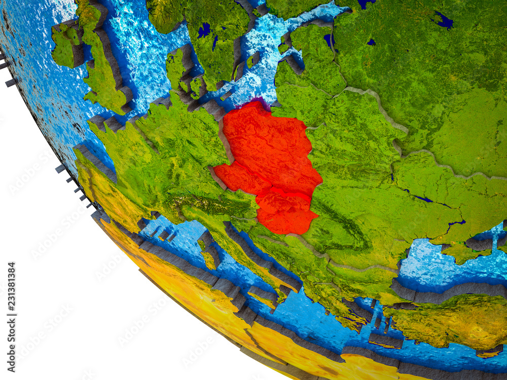 Visegrad Group on model of Earth with country borders and blue oceans with waves.