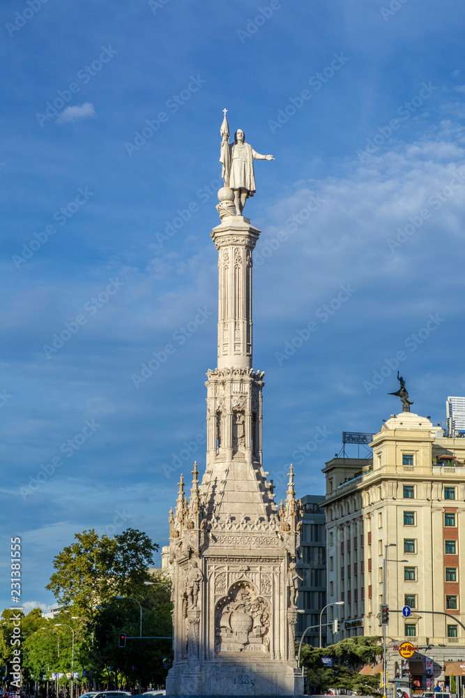 Monument to Christopher Columbus on the Colon Square in Madrid,