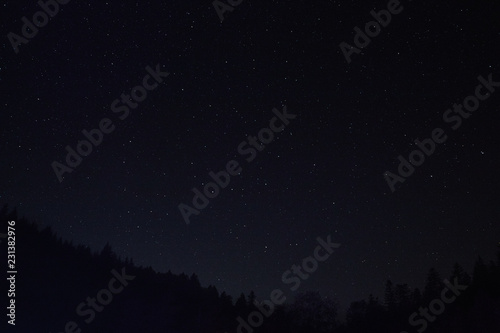 Night starry sky above the forest in the mountains