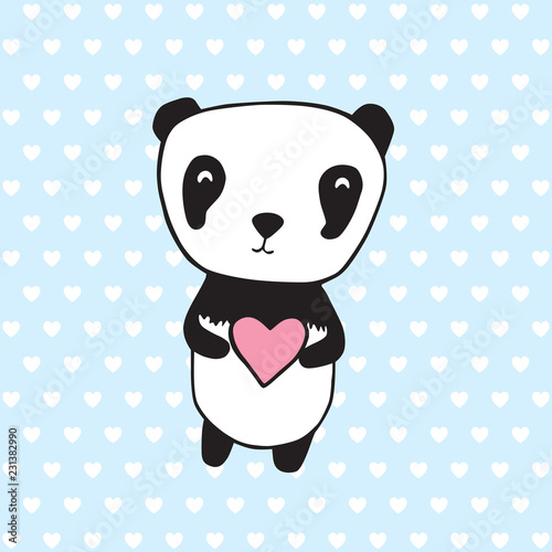 Fototapeta Naklejka Na Ścianę i Meble -  Greeting card for Mother's Day, Valentine's Day, birthday with panda and hearts. Hand drawn panda for your design. Light blue background with hearts. Doodles, sketch. Vector illustration.