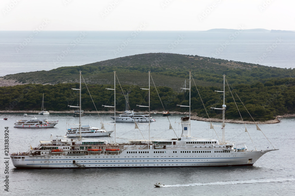 Five-masted computer-controlled staysail schooner, sailing in Dalmatia. The ship combines seven computer-operated sails with diesel-electric power.