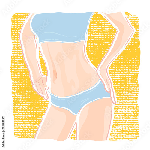 Illustration of a young healthy slim woman body with a flat belly in underwear panties and bra who posing three-quarter with hands on hips.