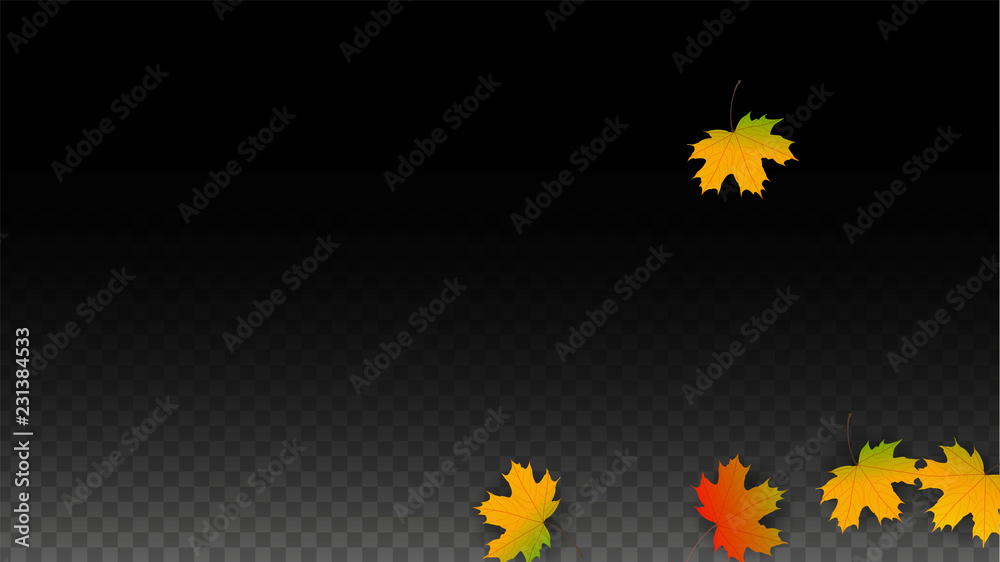 September Vector Background with Golden Falling Leaves. Autumn Illustration with Maple Red, Orange, Yellow Foliage. Isolated Leaf on Transparent Background. Bright Swirl. Suitable for Posters.