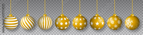 Vector collection of beautiful hanging gold colored decorated christmas ornaments on transparent background.