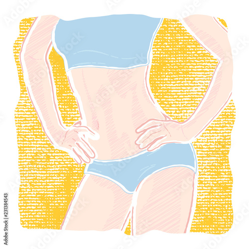 Sketch illustration of a young healthy slim woman body with a flat belly in underwear panties and bra who posing three-quarter with hands on hips.
