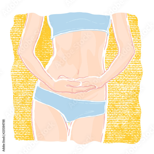 Vector path illustration of a young healthy slim woman body with a flat belly in underwear panties and bra who posing three-quarter with hands on hips.