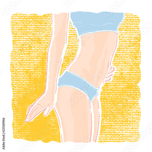 Vector path illustration of a young healthy slim woman body with a flat belly in underwear panties and bra who posing three-quarter with hands on hips.