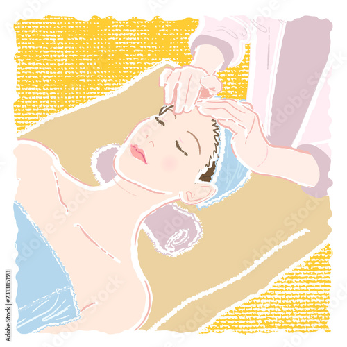 Pastel-colored illustration of a young woman in a bathrobe lying on her back and being massaged on her forehead by a beautician.