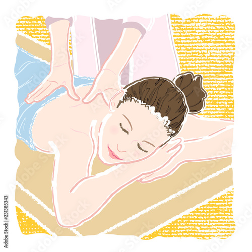 Pastel-colored illustration of a young woman with closed eyes in a bathrobe lying on her stomach and being massaged by a beautician on her back and shoulders to relax and destress.