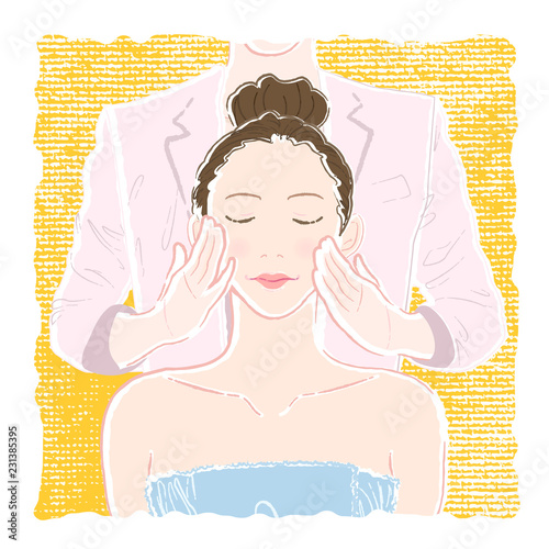 Pastel-colored illustration of a young woman in a bathrobe lying on her back and being massaged by a beautician on her cheeks to attenuate and lift wrinkles.