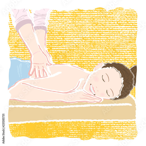 Pastel-colored illustration of a young smiling woman with closed eyes in a bathrobe lying on her stomach and being massaged by a beautician on her back and shoulders to relax and destress.
